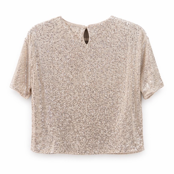 H&M Champagne Gold Sequin Short Sleeve Top – Women’s Size M NWT - Picture 2 of 7